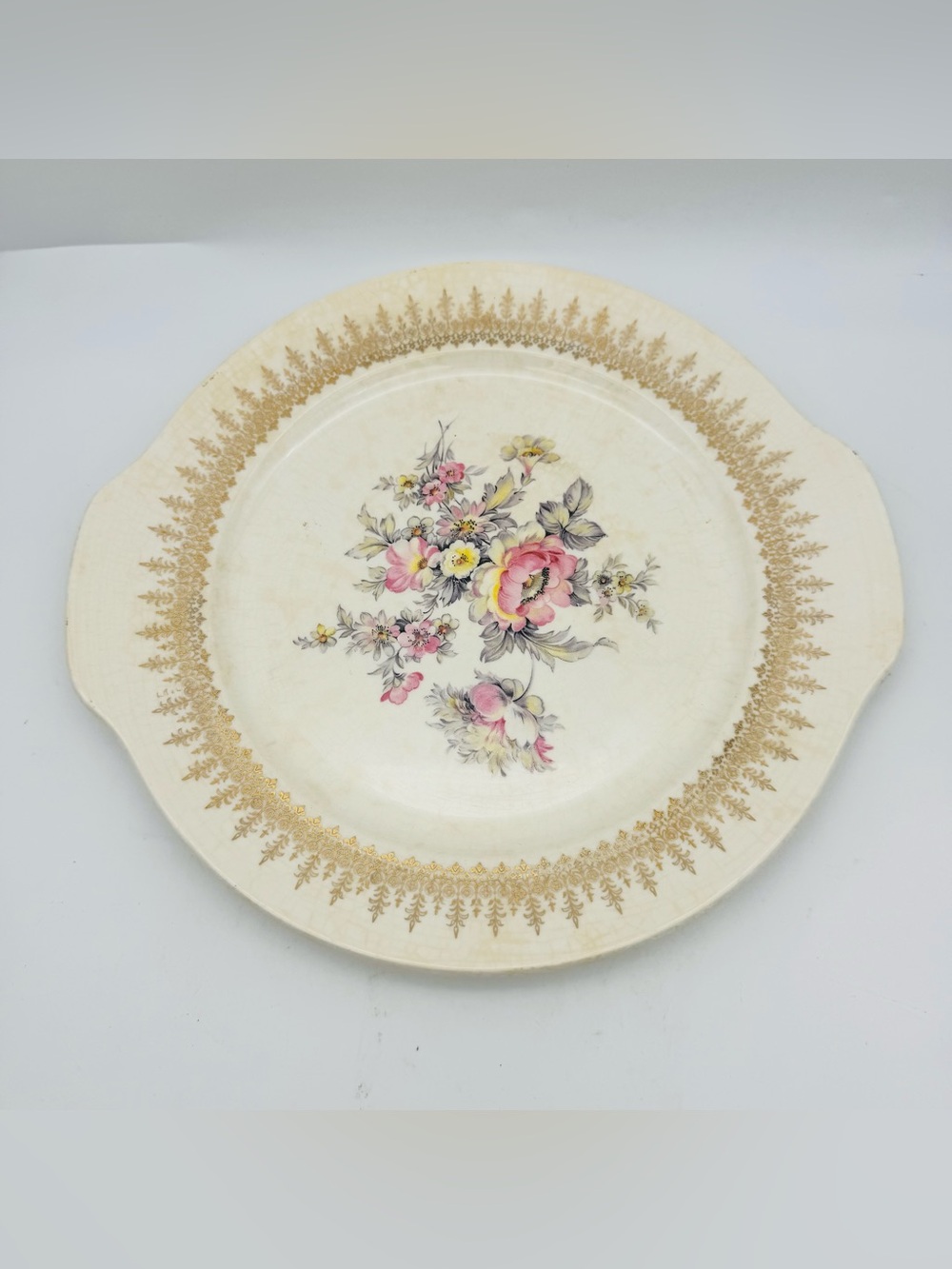 Vintage French Saxon China Co. Cake Plate, Floral, 22k Gold Trim